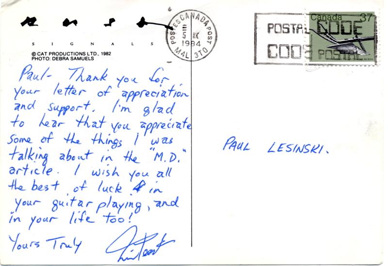 - 1984-05 - Neil Peart Postcard back